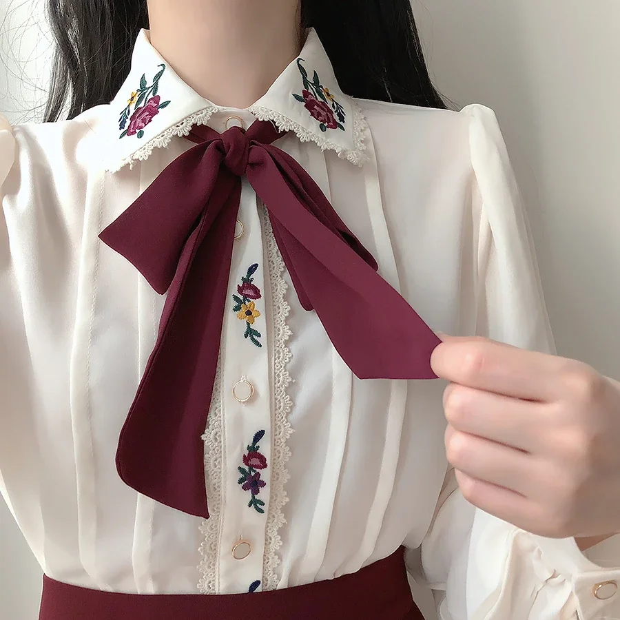 Women Formal Wear White Shirt - Retro Vintage borduurwerk vlinderdas tops herfst