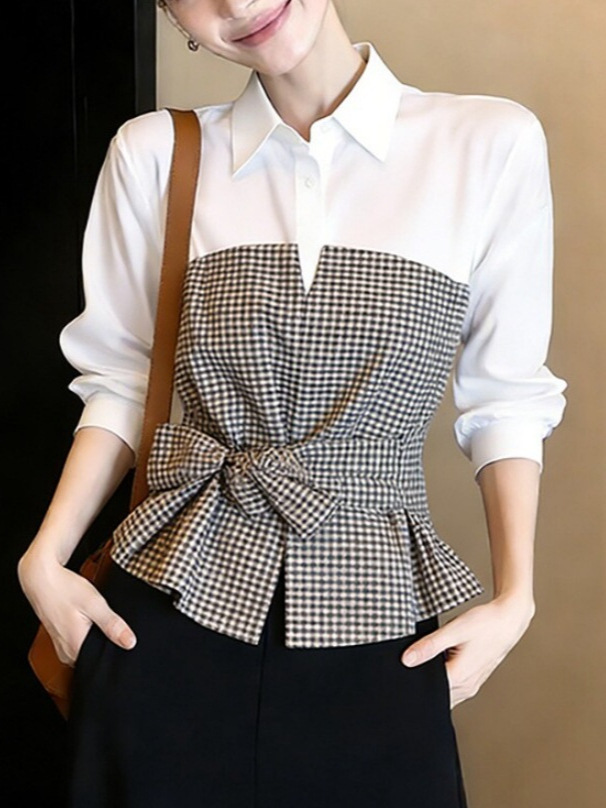 Women Formal Wear White Shirt - Nieuwe wit-zwarte gingham patchwork blouse met
