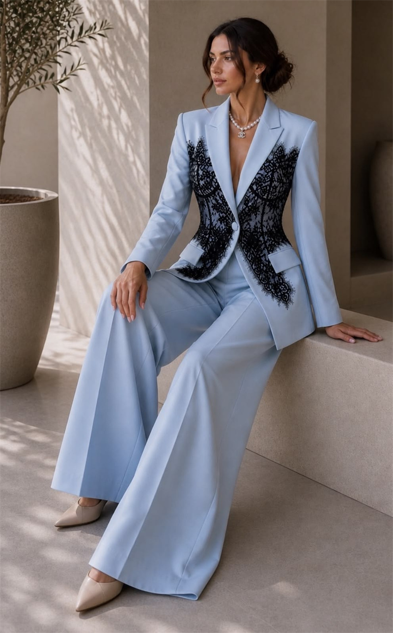 Women Formal Wear Blazer Set - Mode blauwe damespakken set 2-delige blazer