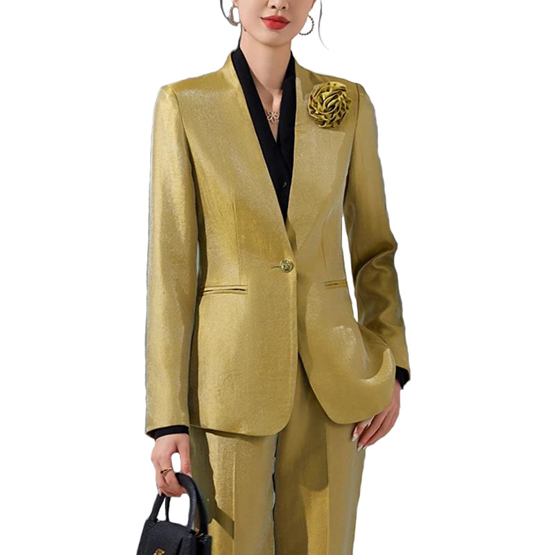 Women Formal Wear Blazer Set - Vrouwen Blazer Broek Sets Goud Applicaties