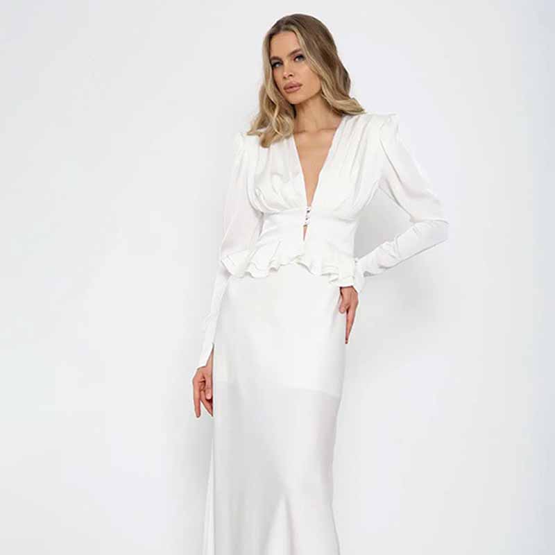 Women Formal Wear White Shirt - Witte damesblouse met diepe V-hals, lange