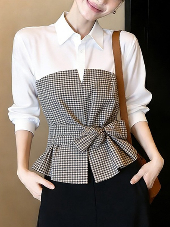 Nieuwe wit-zwarte gingham patc - Women Formal Wear White Shirt recensie en prijs