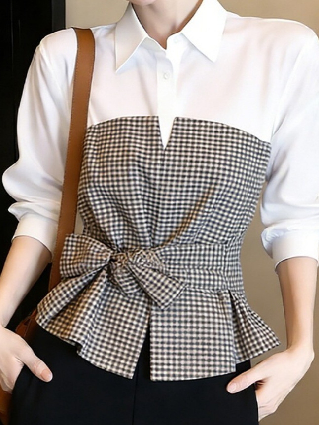Nieuwe wit-zwarte gingham patc - Women Formal Wear White Shirt recensie en prijs