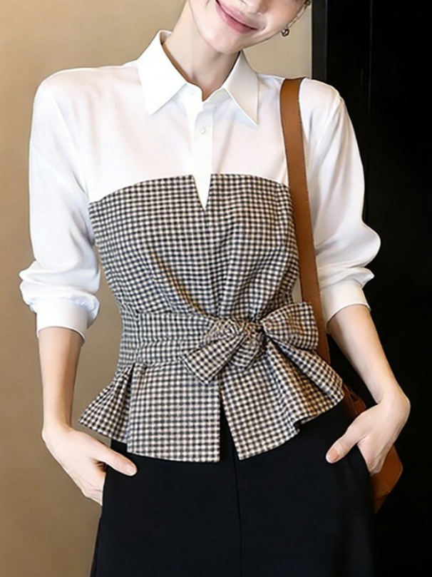 Nieuwe wit-zwarte gingham patc - Women Formal Wear White Shirt recensie en prijs